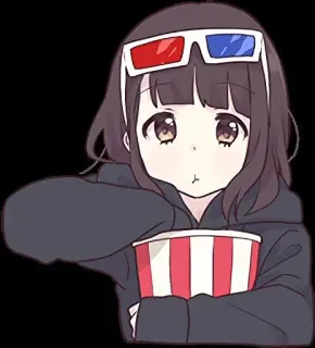 🍿 อนิเมะ, ผู้หญิง, ป๊อปคอร์น, หนัง, ดู, แว่น 3 มิติ telegram sticker