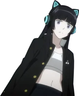 🙁 Anime Mädchen, Kopfhörer, schwarze Haare, Anime Figur, Cartoon, weiblich telegram sticker