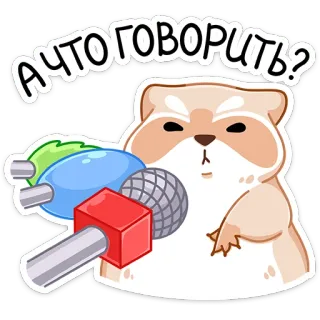 😐 А что говорить? แฮมสเตอร์, ไมโครโฟน, น่ารัก, คำถาม, สัตว์, รัสเซีย whatsapp sticker