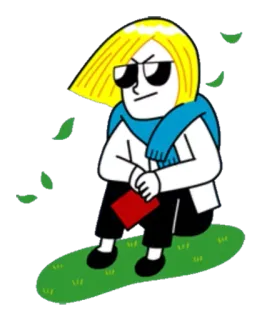😎 漫画, 人, 金髪, 眼鏡, 座る, 草, 風, 赤, マフラー, 葉 telegram sticker