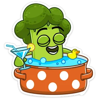 🛀 브로콜리, 만화, 채소, 목욕, 칵테일, 오리, 휴식, 귀여운 telegram sticker