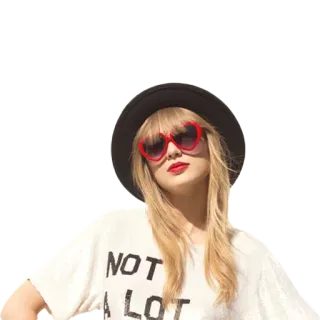 😊 Taylor Swift NOT A LOT Taylor Swift, lunettes coeur rouges, cheveux blonds, chapeau, pop star, chanteuse, célébrité telegram sticker