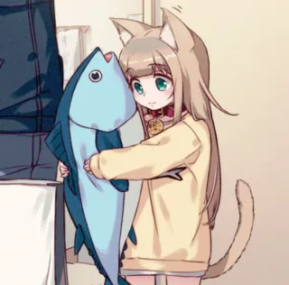 🎶 Anime, Ragazza gatto, Pesce, Carino, Animale, Manga, Kawaii whatsapp sticker
