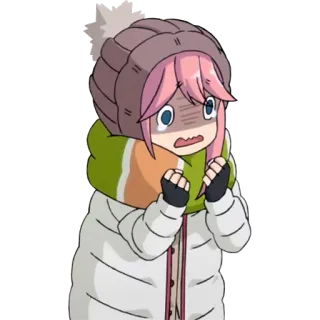 🥶 Nadeshiko Kagamihara Yuru Camp anime, character, scared, winter, hat, concerned telegram sticker
