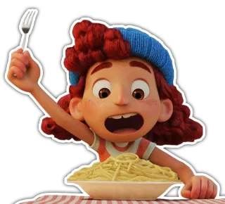 🍜 Giulia Marcovaldo Luca Luca, Giulia Marcovaldo, Disney, Pixar, Spaghetti, Gabel, Cartoon telegram sticker