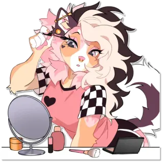 💄 furry, makeup, beauty, mascara, mirror, cosmetics, anthropomorphic, getting ready whatsapp sticker