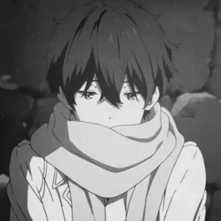 🕸 Menino anime, Preto e branco, Cachecol, Inverno, Desenho animado, Triste telegram sticker