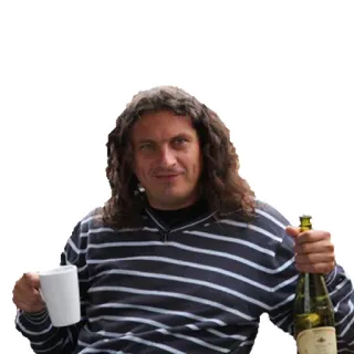 🍾 мужчина, длинные волосы, бутылка, кружка, полосатая рубашка, напиток telegram sticker