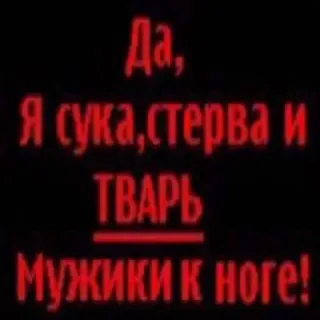🖕 Да, 
Я сука,стерва и тварь 
Мужики к ноге! beleidigend, russisch, beschimpfung, aggressiv, text telegram sticker