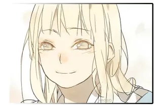 😏 chica anime, dibujo animado, pelo amarillo, sonrisa, retrato, personaje telegram sticker