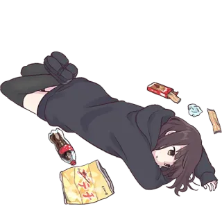 🫠 anime girl, snack, lazy, kawaii, relaxed, cartoon whatsapp sticker