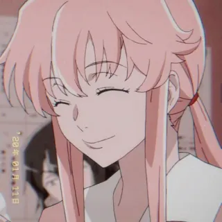 💈 Yuno Gasai Mirai Nikki animé, cheveux roses, yandere, joyeux, sourire whatsapp sticker