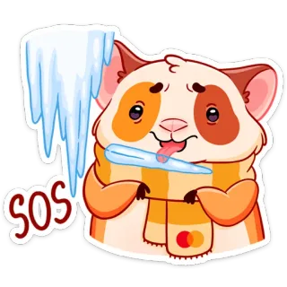 ❗️ SOS criceto, inverno, freddo, ghiacciolo, sciarpa, SOS, cartone animato, animale telegram sticker
