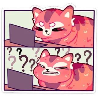 ❓ gato, pontos de interrogação, confuso, computador, laptop, pensando, incerto whatsapp sticker