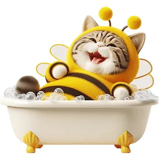 🛁 แมว, ผึ้ง, อ่างอาบน้ำ, น่ารัก, สัตว์, การ์ตูน whatsapp sticker
