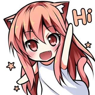 👋 Hi Anime, Ragazza gatto, Kawaii, Carino, Saluto, Capelli rosa, Stelle telegram sticker