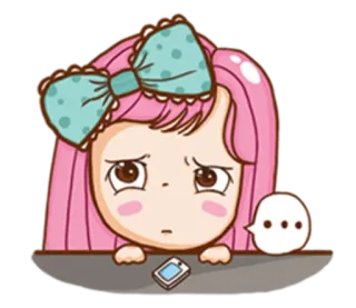 😕 Mädchen, traurig, Cartoon, rosa Haare, Schleife, Handy, süß, Emoji telegram sticker