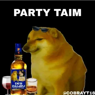 😁 Cheems Doge PARTY TAIM DESI DAMRU cheems, doge, alcohol, party, meme, whiskey, sunglasses telegram sticker