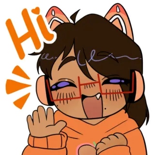 👋 Hi Мультфильм, Приветствие, Милый, Персонаж, Оранжевый, Кошачьи уши telegram sticker