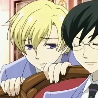 😿 Tamaki Suoh Ouran High School Host Club anime, blond włosy, fioletowe oczy, okulary, strój formalny, kreskówka, Ouran High School Host Club telegram sticker