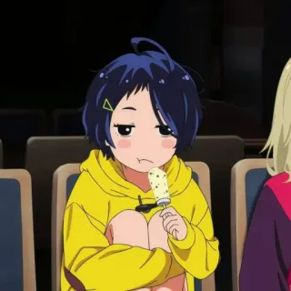 🐣 anime, menina, moletom amarelo, sorvete, sentada, fofa telegram sticker