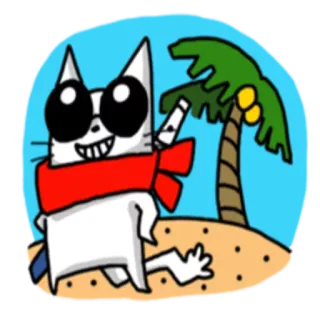 🏝 kucing, pohon palem, kacamata hitam, pantai, kartun, pulau, musim panas telegram sticker
