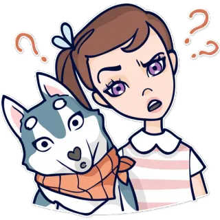 😮 chica, perro, husky, confusión, signos de interrogación, dibujos animados telegram sticker