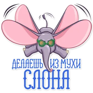 😳 ДЕЛАЕШЬ ИЗ МУХИ СЛОНА éléphant, dessin animé, texte russe, animal, lunettes, fantaisiste, drôle, expression telegram sticker