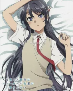 💘 Mai Sakurajima Rascal Does Not Dream of Bunny Girl Senpai 青春ブタ野郎はバニーガール先輩の夢を見ない。 Anime, Coelhinha, Uniforme escolar, Fofo, Personagem, Deitado telegram sticker