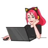 💻 женщина, ноутбук, наушники, розовые волосы, кошачьи уши, компьютер, геймер, девушка telegram sticker