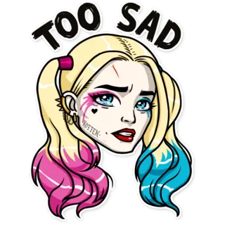 😢 Harley Quinn TOO SAD Харли Квинн, DC Comics, Мультфильм, Наклейка, Грустный, Женщина, Злодей telegram sticker