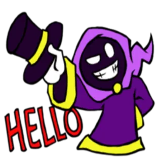 🙂 HELLO salut, bonjour, violet, chapeau, dessin animé, personnage whatsapp sticker