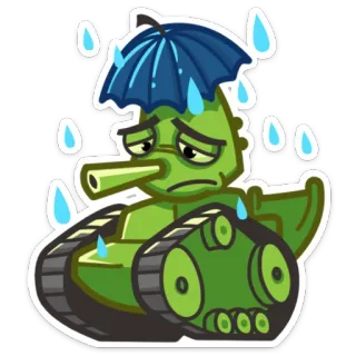 😢 tank, kartun, sedih, hujan, payung, kendaraan whatsapp sticker