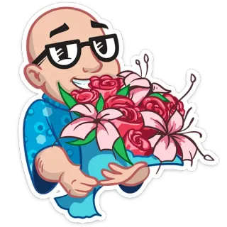 💐 man, bouquet, flowers, roses, lilies, glasses, cartoon whatsapp sticker