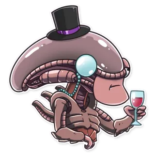 🍷 Alien, Xénomorphe, Haut-de-forme, Vin, Monocle, Perles, Dessin animé, Autocollant whatsapp sticker