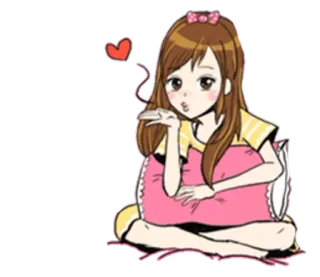😘 girl, cartoon, pillow, heart, sitting, kawaii, cute telegram sticker