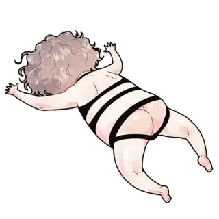 😩 женщина, купальник, лежащая, вьющиеся волосы, мультфильм telegram sticker