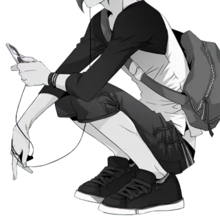 🖤 anime, boy, headphones, smartphone, squatting, backpack, monochrome telegram sticker