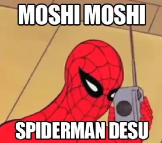 📱 Spiderman MOSHI MOSHI
SPIDERMAN DESU marvel, hero, comics, spiderman, anime telegram sticker