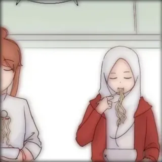 🤸‍♀ moslim, hijab, meisje, eten, noedels, anime, cartoon telegram sticker