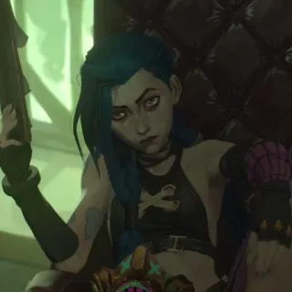 🕳 Jinx Arcane animato, personaggio, ragazza, capelli blu, sedia telegram sticker