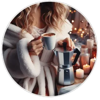 ☕️ cà phê, ấm cúng, nến, mùa đông, phụ nữ, áo choàng, thư giãn whatsapp sticker
