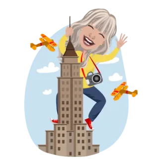 🛂 donna, aereo, edificio, macchina fotografica, cartone animato, viaggio, avventura telegram sticker