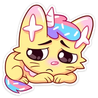 😔 gato, unicórnio, fofo, kawaii, desenho animado, animal, adesivo, amarelo whatsapp sticker