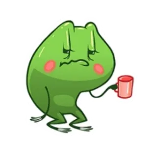 ☹️ rã, desenho animado, sonolento, café, fofo, meme whatsapp sticker
