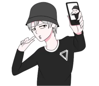 📱 Desenho animado, Anime, Selfie, Sinal de paz, Pose, Cabelo grisalho, Chapéu bucket, Fofo telegram sticker