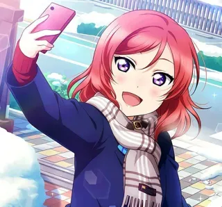 📷 gadis anime, selfie, musim dingin, senang, syal telegram sticker