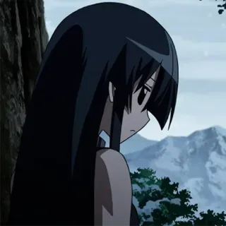 😔 Akame Akame ga Kill! аниме, девушка, длинные волосы, черные волосы, грустный telegram sticker