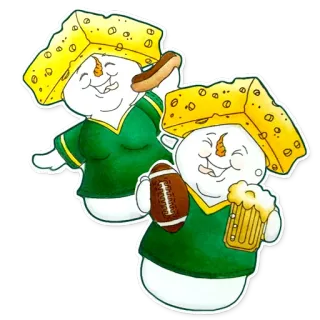 🎉 manusia salju, cheesehead, sepak bola Amerika, bir, hot dog, Green Bay Packers, Wisconsin, penggemar whatsapp sticker