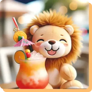 👩‍⚕️ lew, pluszak, koktajl, napój, słodki, kreskówka, pomarańczowy, tropikalny whatsapp sticker